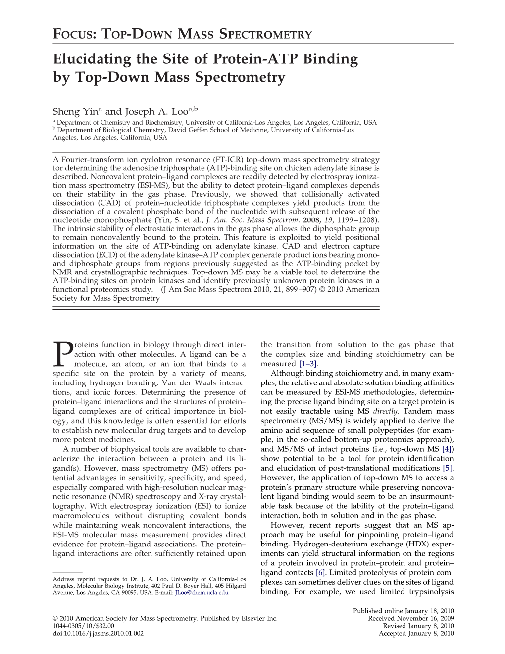 Elucidating the Site of Protein-ATP Binding by Top-Down Mass Spectrometry