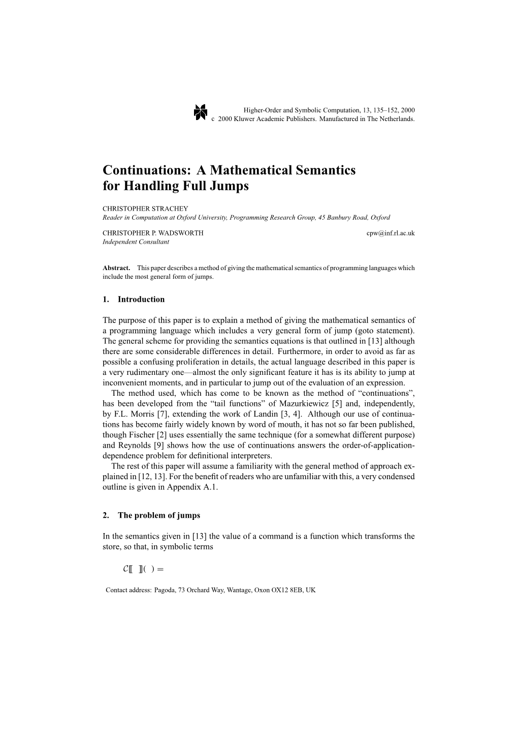 Continuations: a Mathematical Semantics for Handling Full Jumps