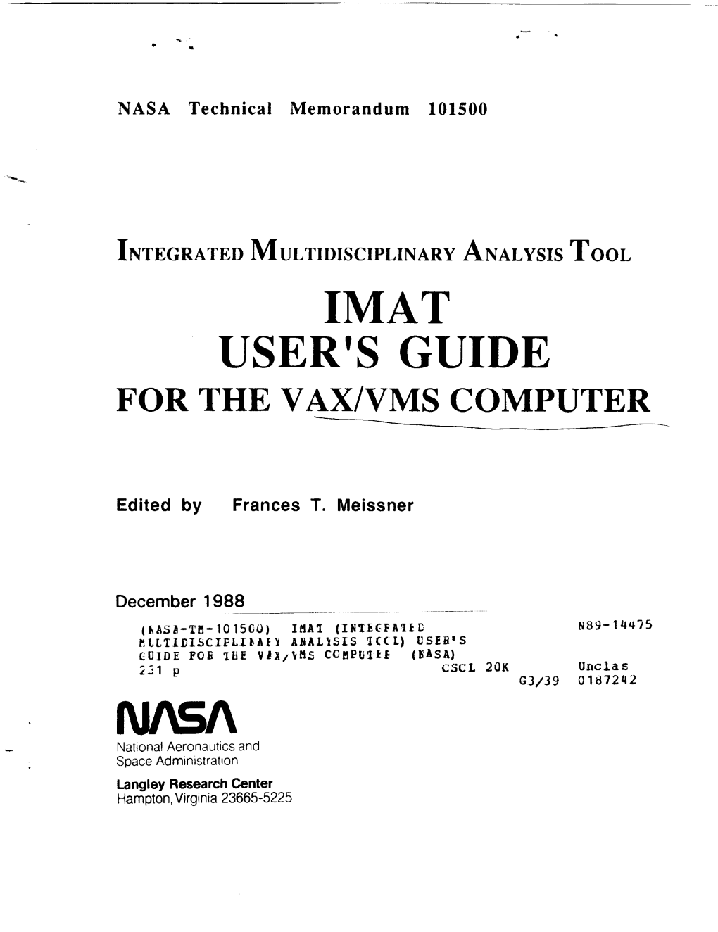 Imat User's Guide for the Vax/Vms Computer