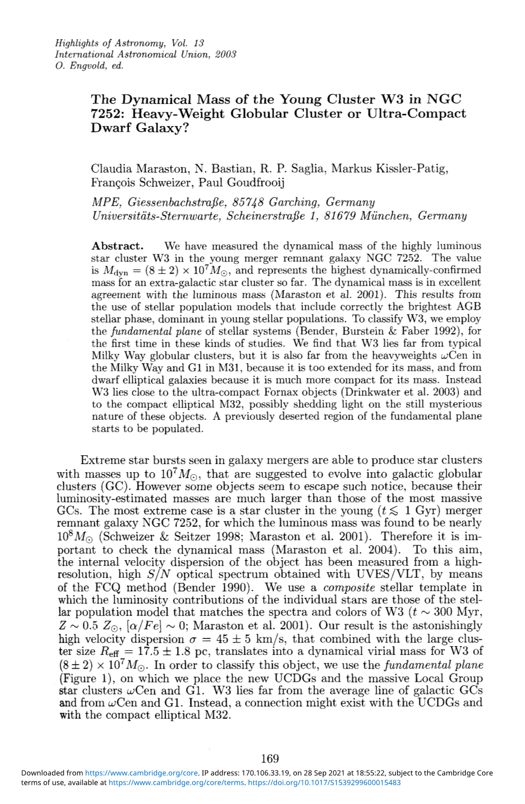 The Dynamical Mass of the Young Cluster W3 in NGC 7252: Heavy-Weight Globular Cluster Or Ultra-Compact Dwarf Galaxy?