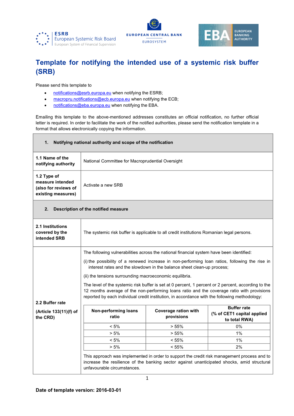 Notification by Banca Naţională a României (National Bank Of