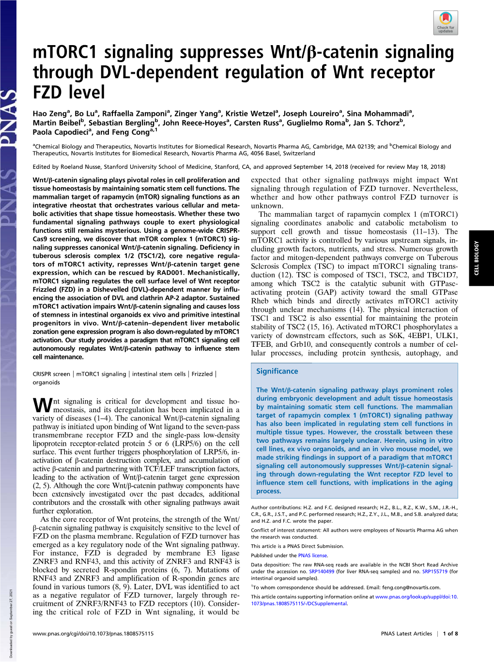Mtorc1 Signaling Suppresses Wnt/Β-Catenin Signaling Through DVL-Dependent Regulation of Wnt Receptor FZD Level