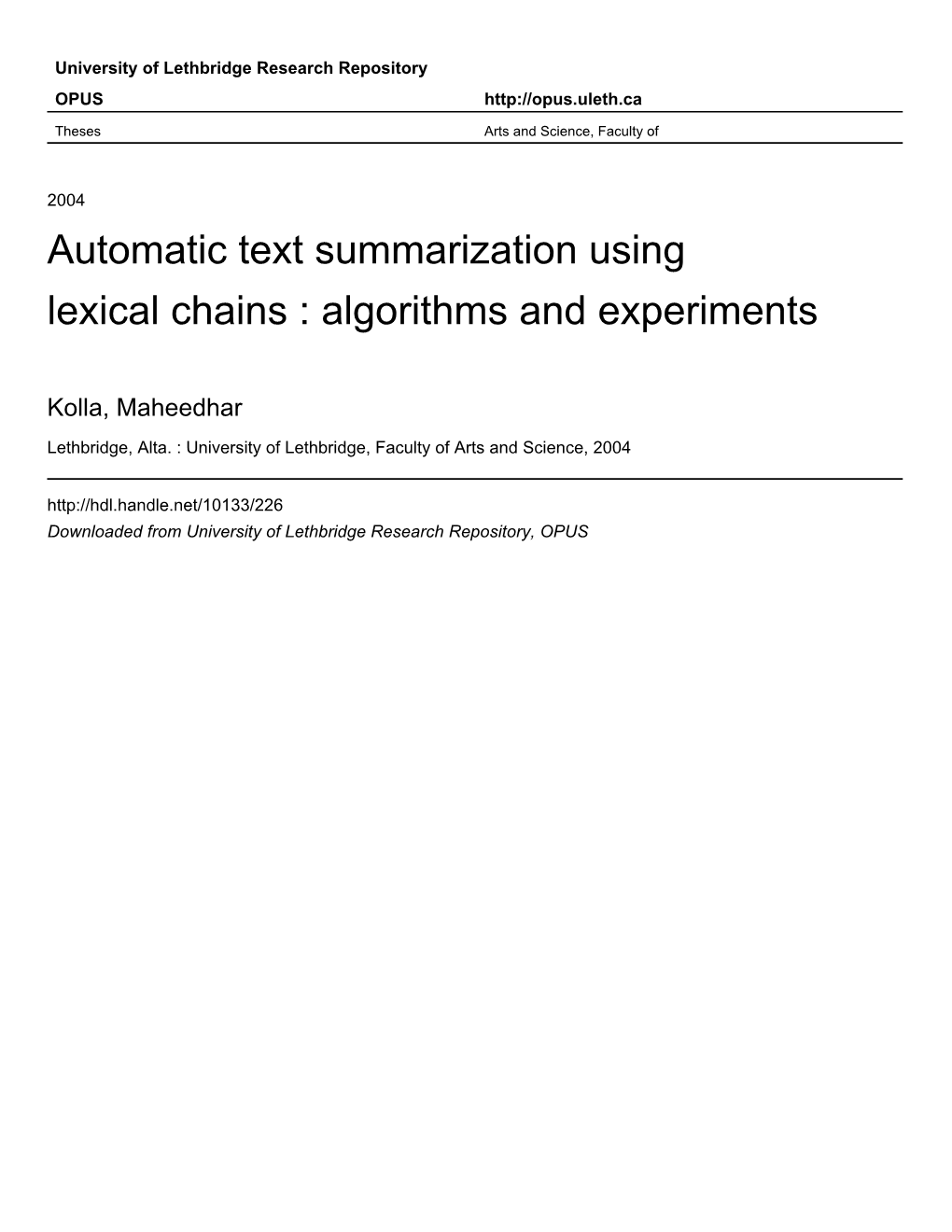 Automatic Text Summarization Using Lexical Chains : Algorithms and Experiments