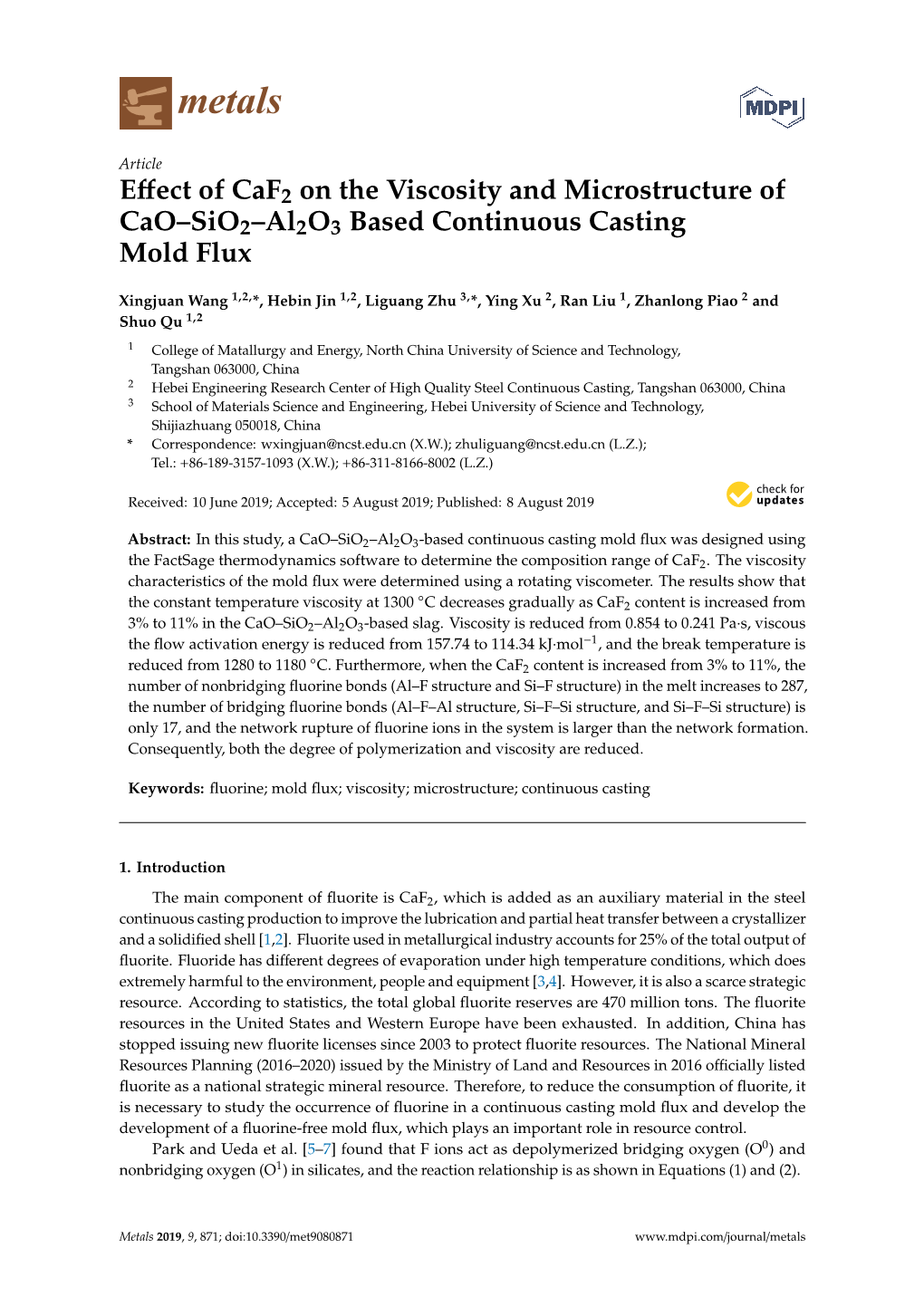 Effect of Caf2 on the Viscosity and Microstructure of Cao–Sio2–Al2o3