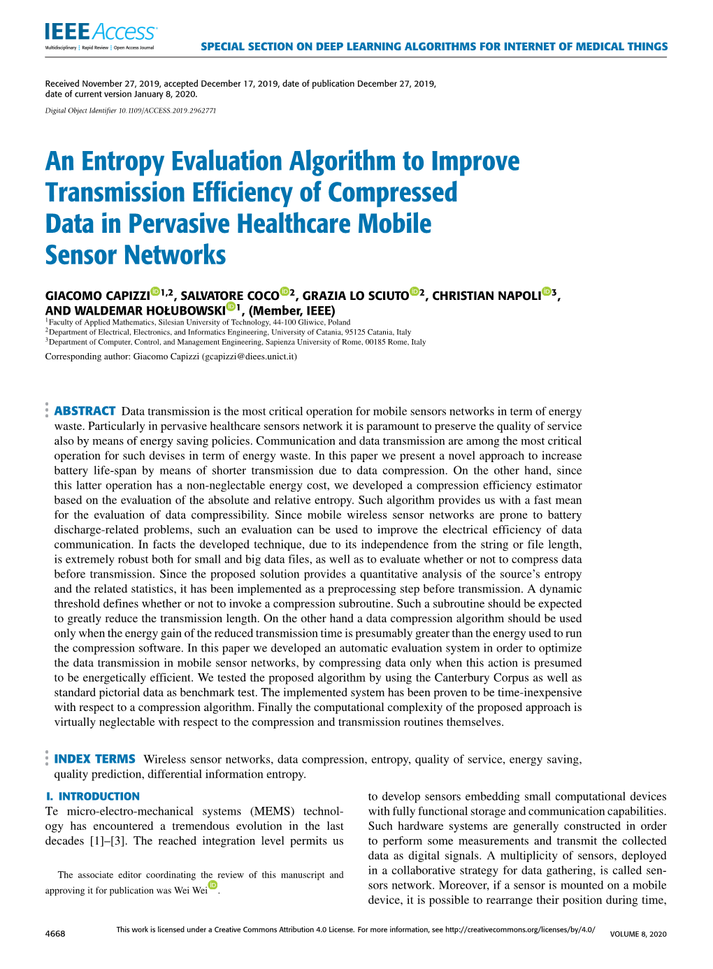 An Entropy Evaluation Algorithm to Improve Transmission Efficiency of Compressed Data in Pervasive Healthcare Mobile Sensor Networks