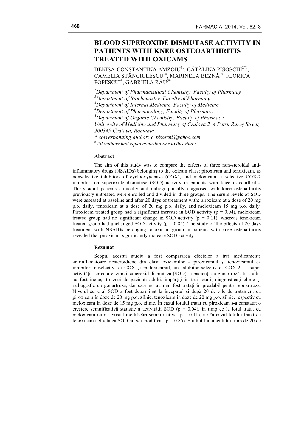 Blood Superoxide Dismutase Activity in Patients with Knee Osteoarthritis Treated with Oxicams