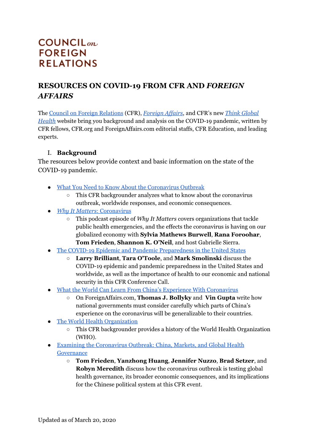 Resources on Covid-19 from Cfr and ​Foreign Affairs