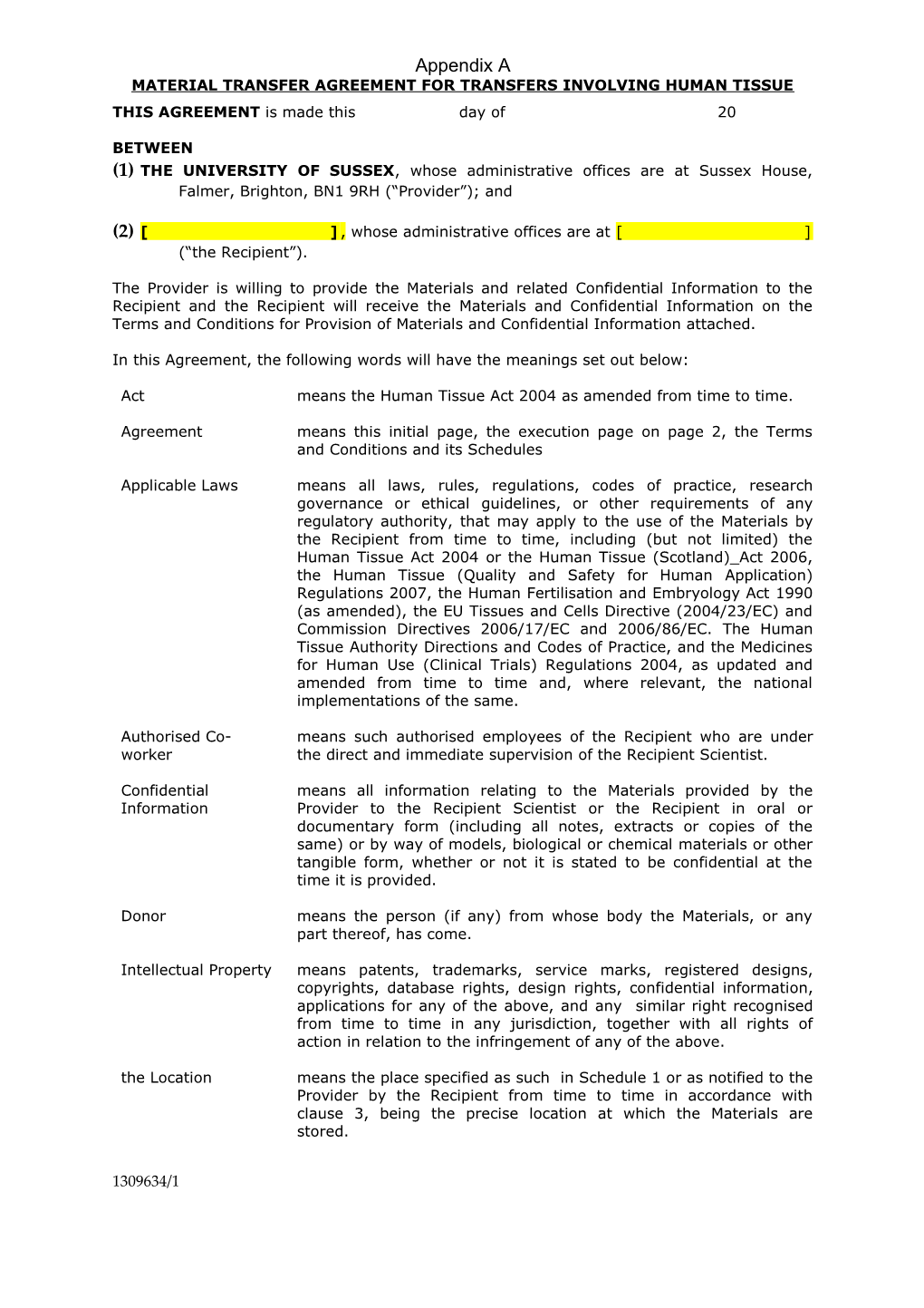 Material Transfer Agreement for Transfers Involving Human Tissue