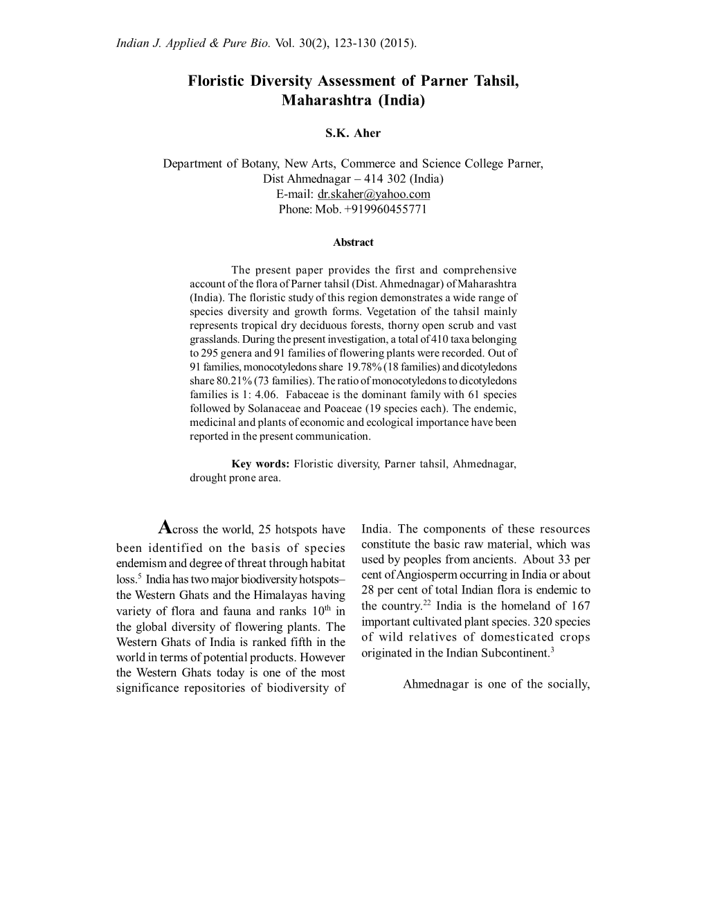 Floristic Diversity Assessment of Parner Tahsil, Maharashtra (India)