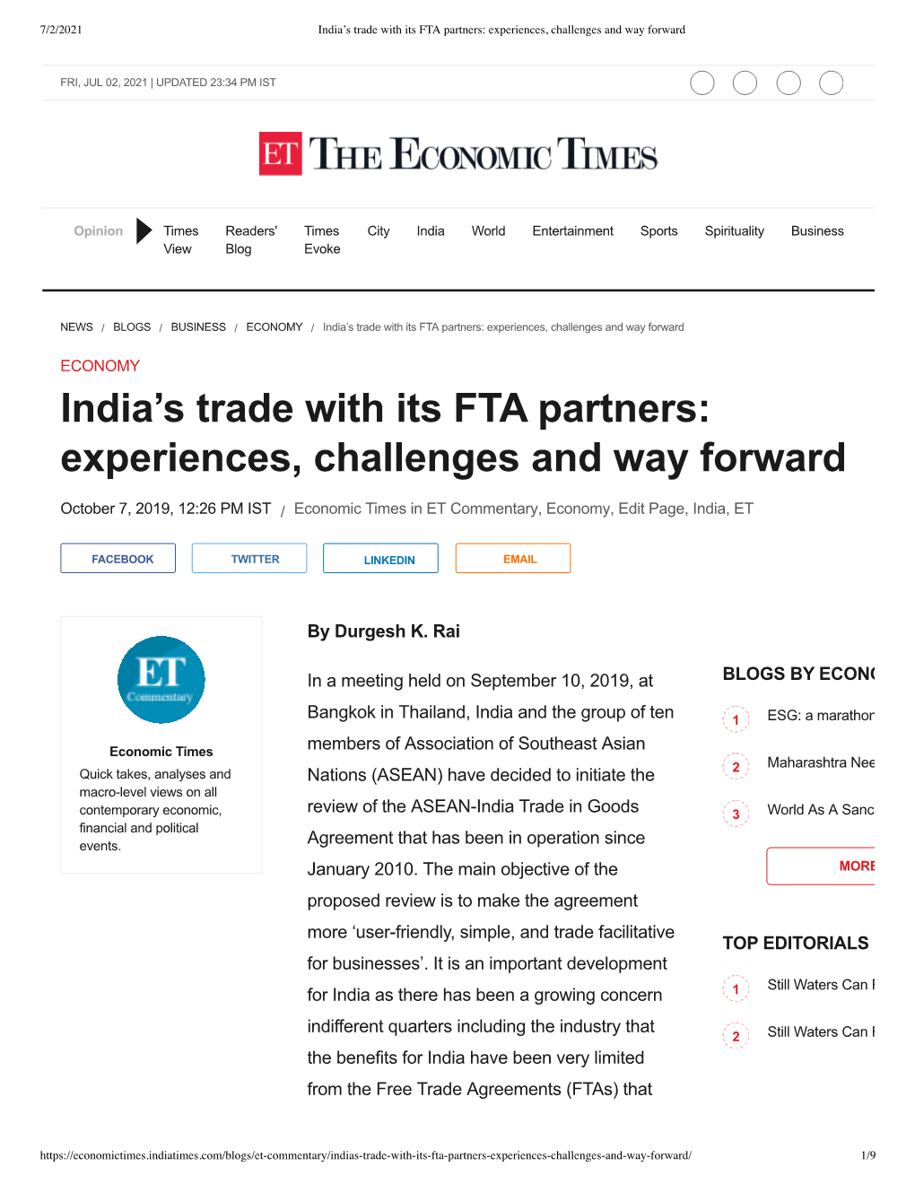 India's Trade with Its FTA Partners