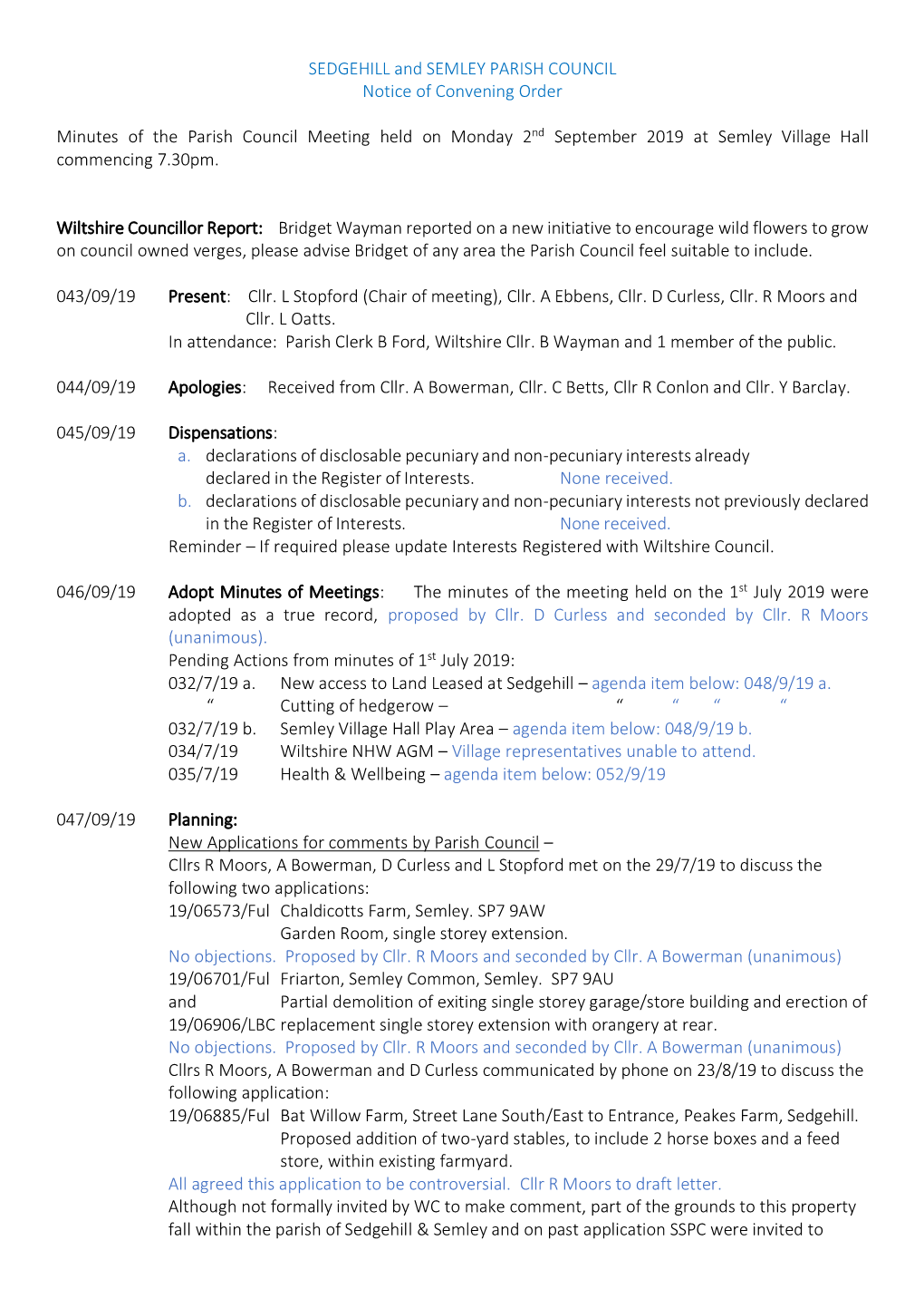 SEDGEHILL and SEMLEY PARISH COUNCIL Notice of Convening Order Minutes of the Parish Council Meeting Held on Monday 2Nd September