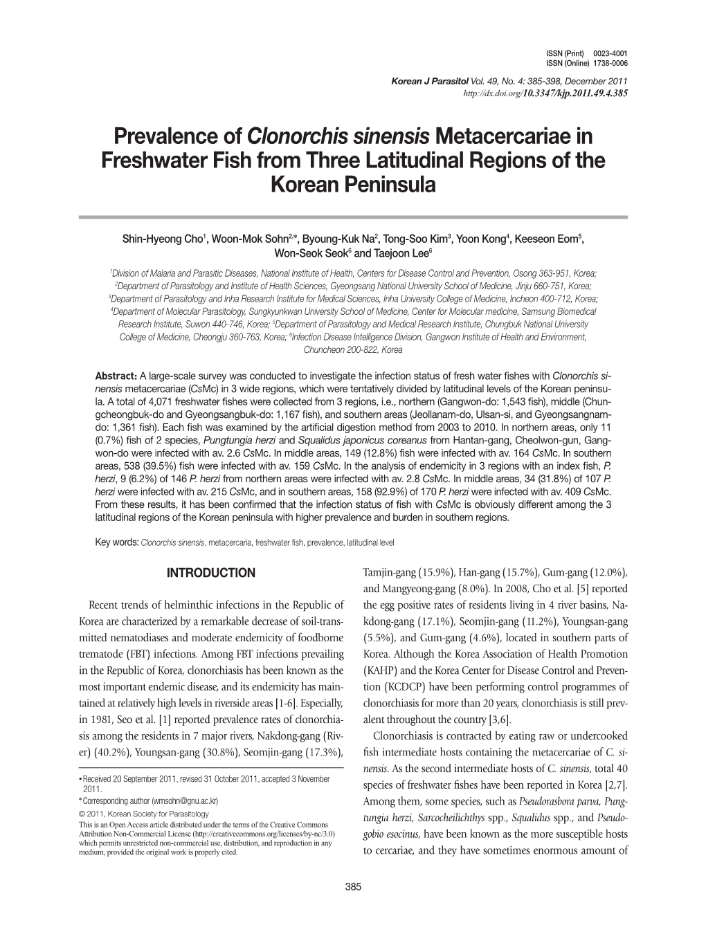 Prevalence of Clonorchis Sinensis Metacercariae in Freshwater Fish from Three Latitudinal Regions of the Korean Peninsula