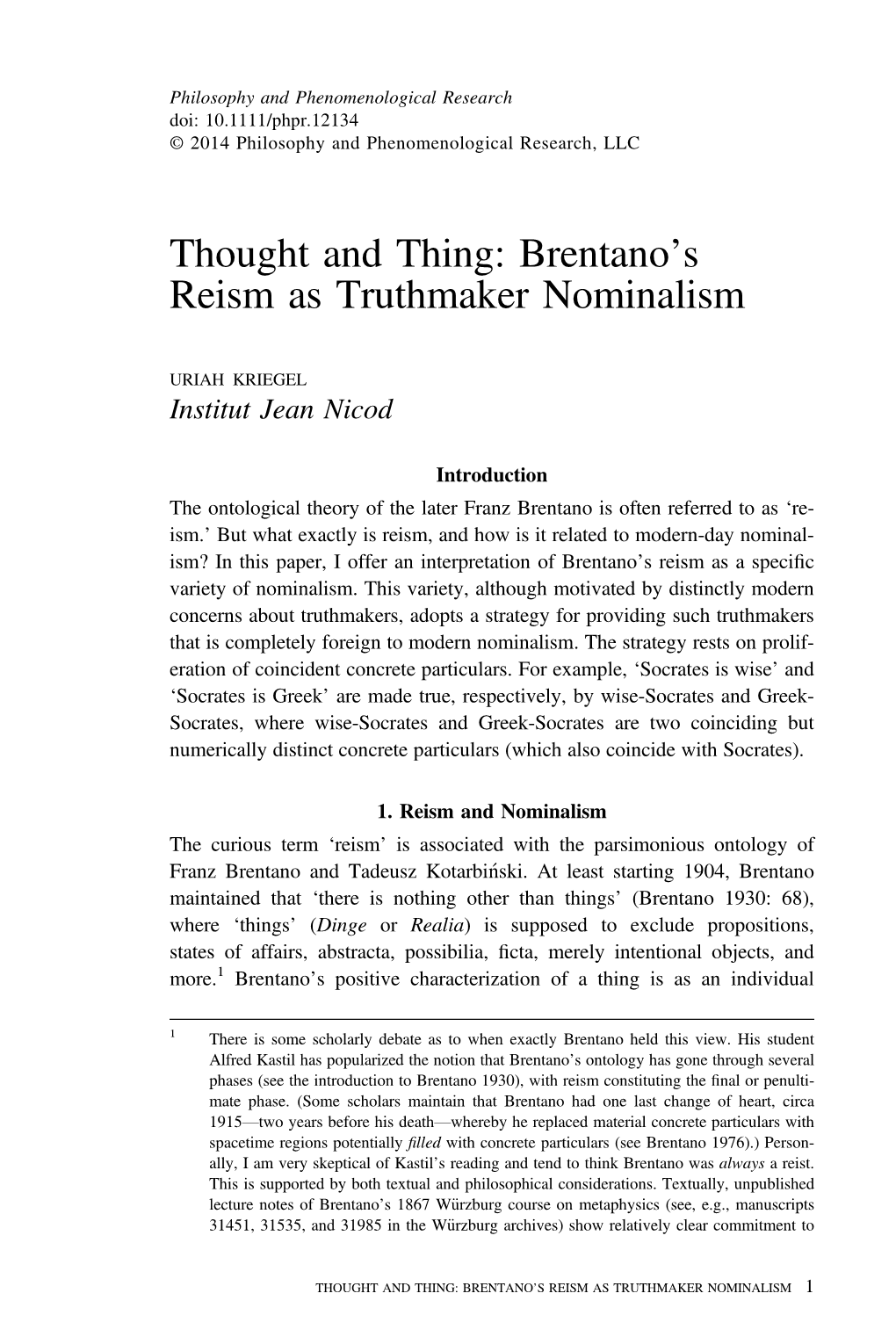 Brentano's Reism As Truthmaker Nominalism