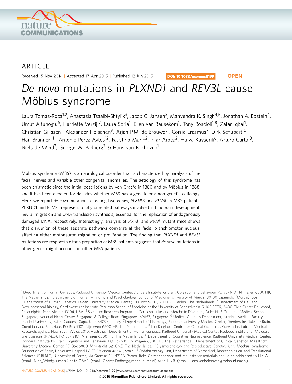 De Novo Mutations in PLXND1 and REV3L Cause M&Ouml;Bius Syndrome