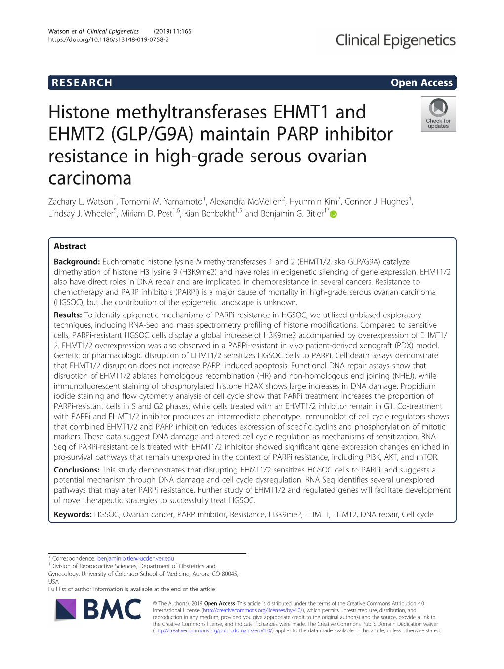 Histone Methyltransferases EHMT1 and EHMT2 (GLP/G9A) Maintain PARP Inhibitor Resistance in High-Grade Serous Ovarian Carcinoma Zachary L