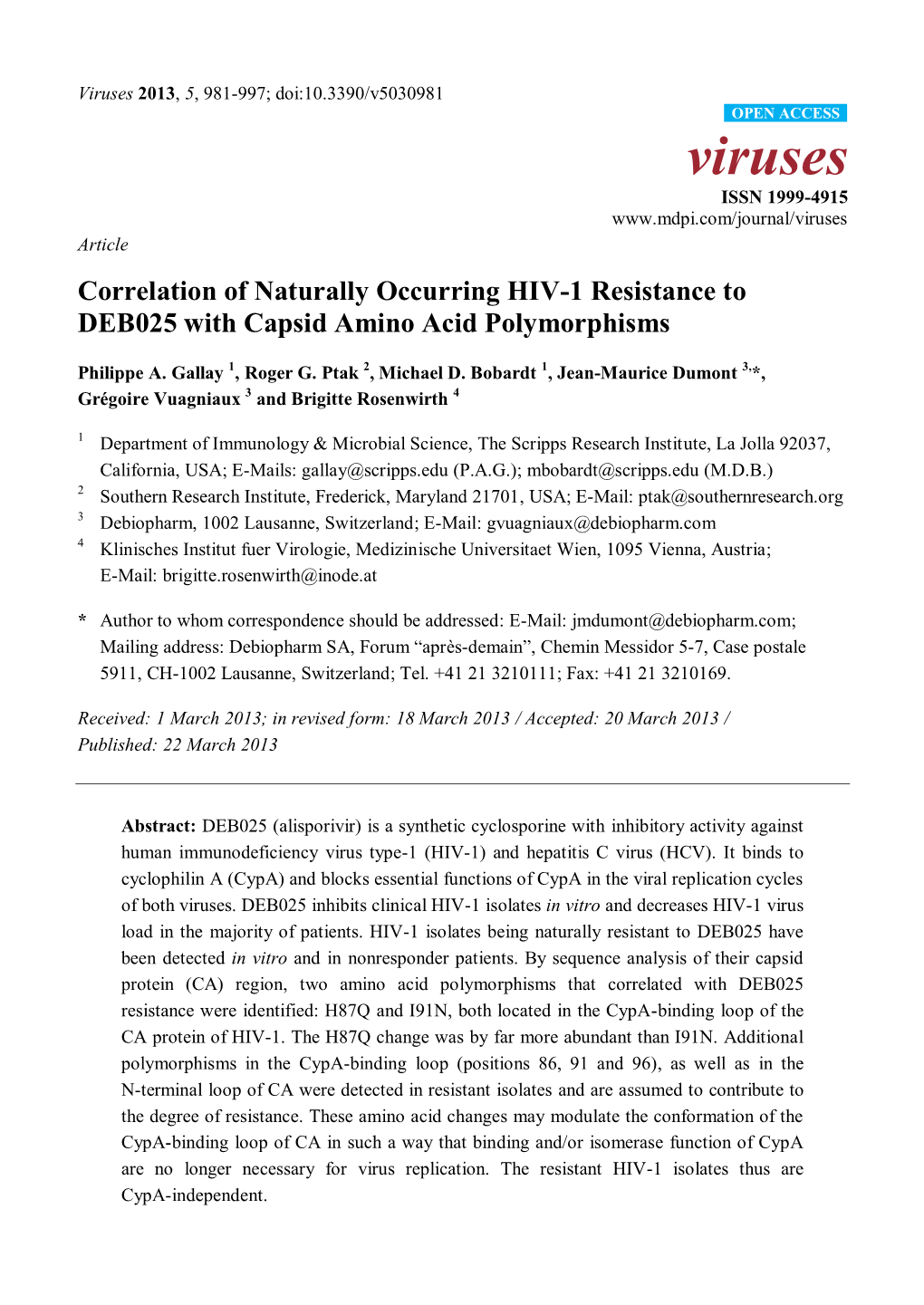 Correlation of Naturally Occurring HIV-1 Resistance to DEB025 with Capsid Amino Acid Polymorphisms