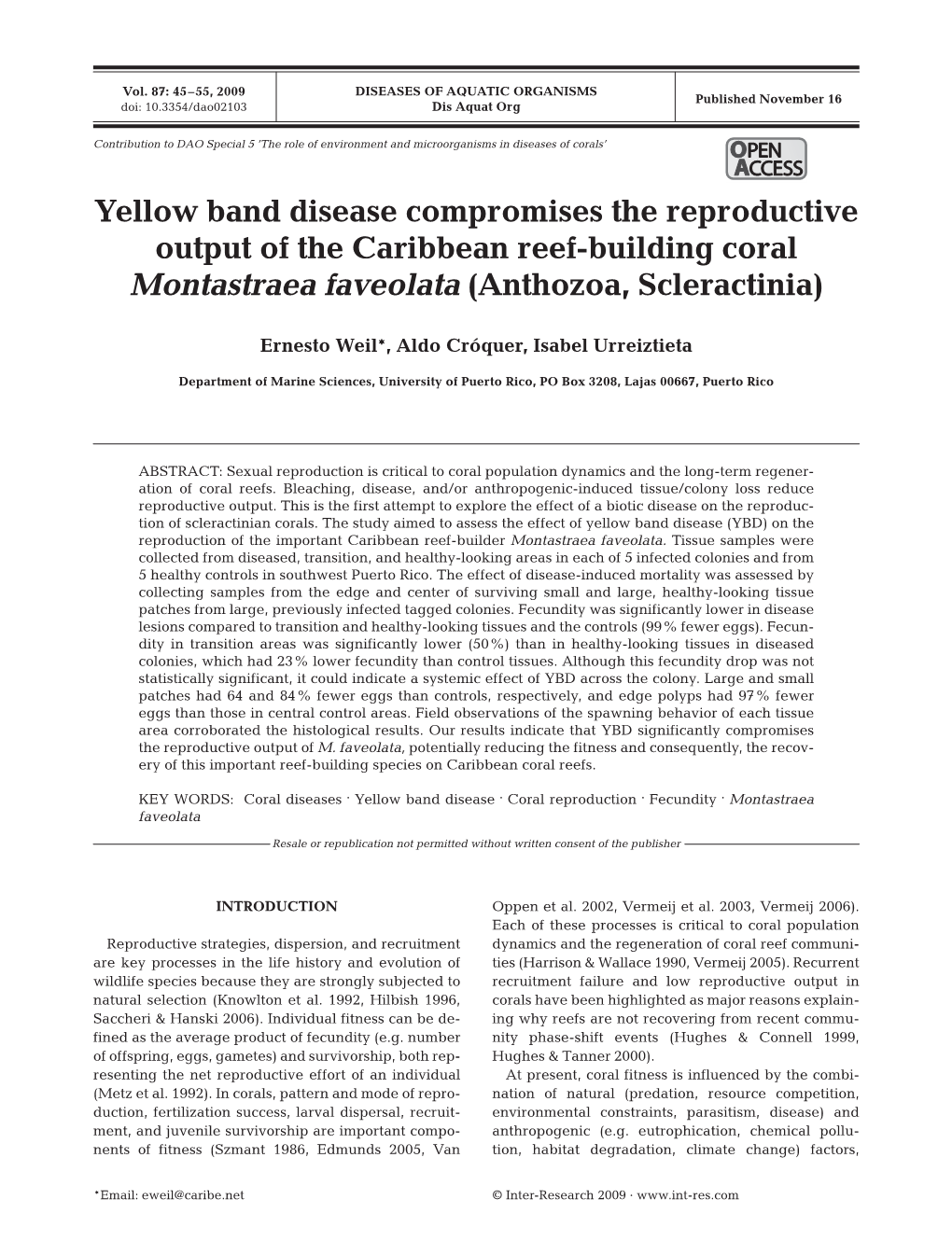 Yellow Band Disease Compromises the Reproductive Output of the Caribbean Reef-Building Coral Montastraea Faveolata (Anthozoa, Scleractinia)