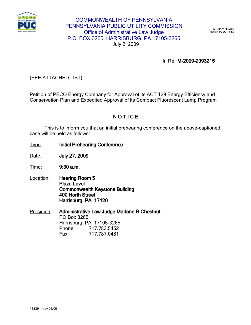 Harrisburg Prehearing Conference Notice s1