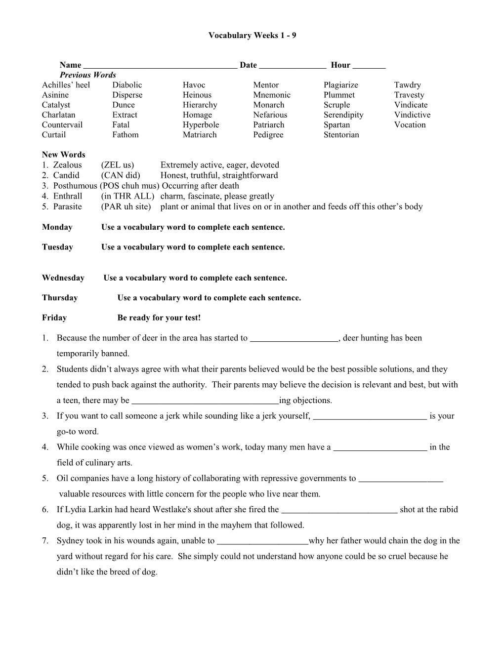 Vocabulary Weeks 1 - 2 Practice Sheet s1