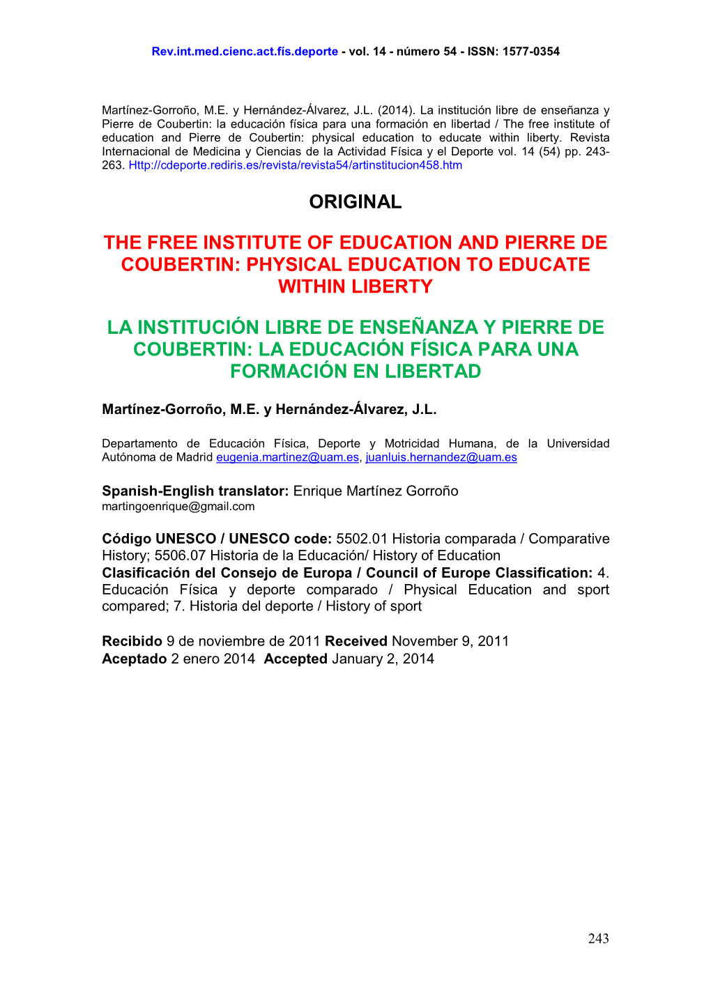 The Free Institute of Education and Pierre De Coubertin: Physical Education to Educate Within Liberty