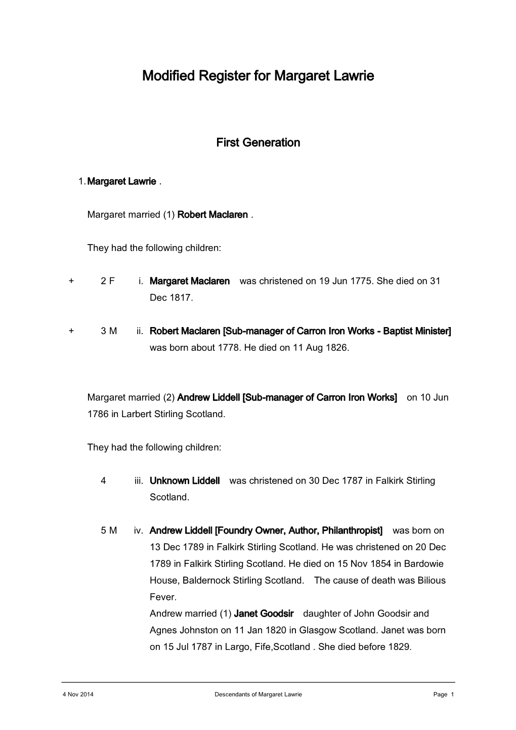 Modified Register for Margaret Lawrie