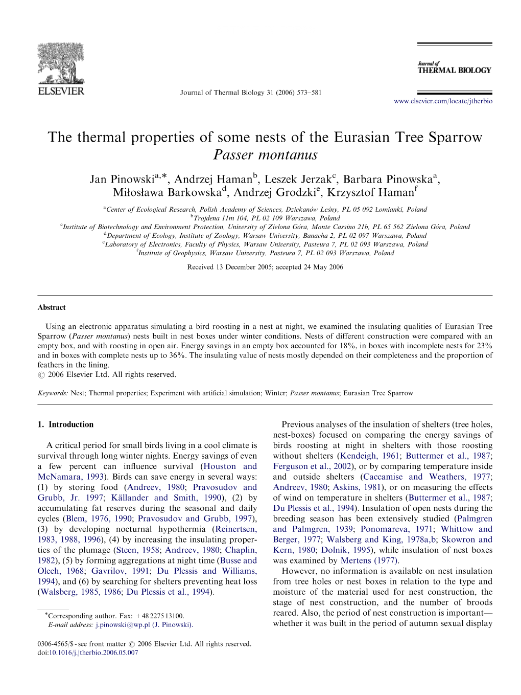 The Thermal Properties of Some Nests of the Eurasian Tree Sparrow Passer Montanus