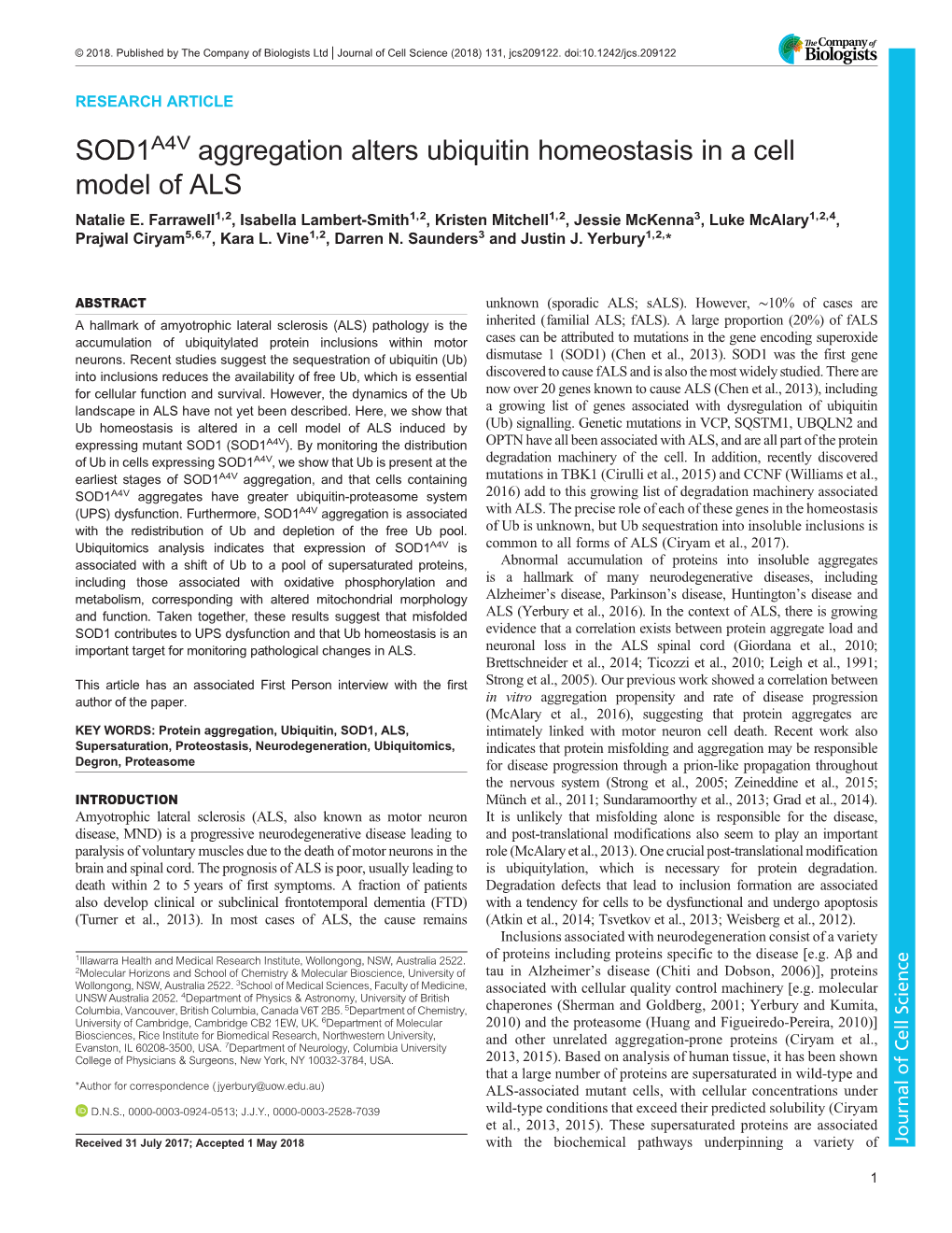 SOD1A4V Aggregation Alters Ubiquitin Homeostasis in a Cell Model of ALS Natalie E