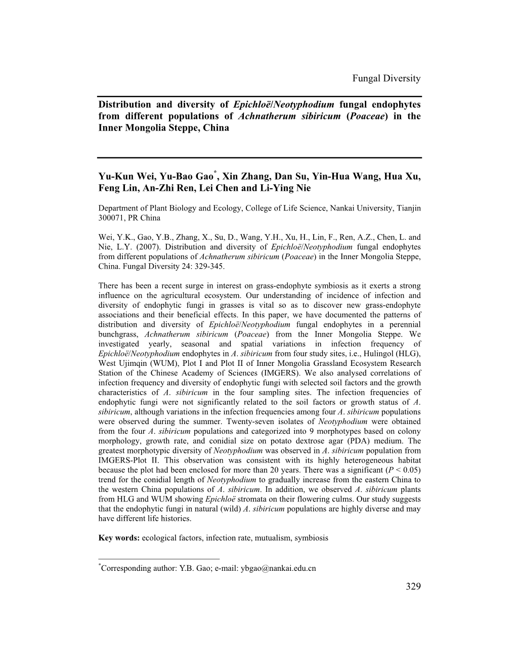 Fungal Diversity 329 Distribution and Diversity of Epichloë/Neotyphodium