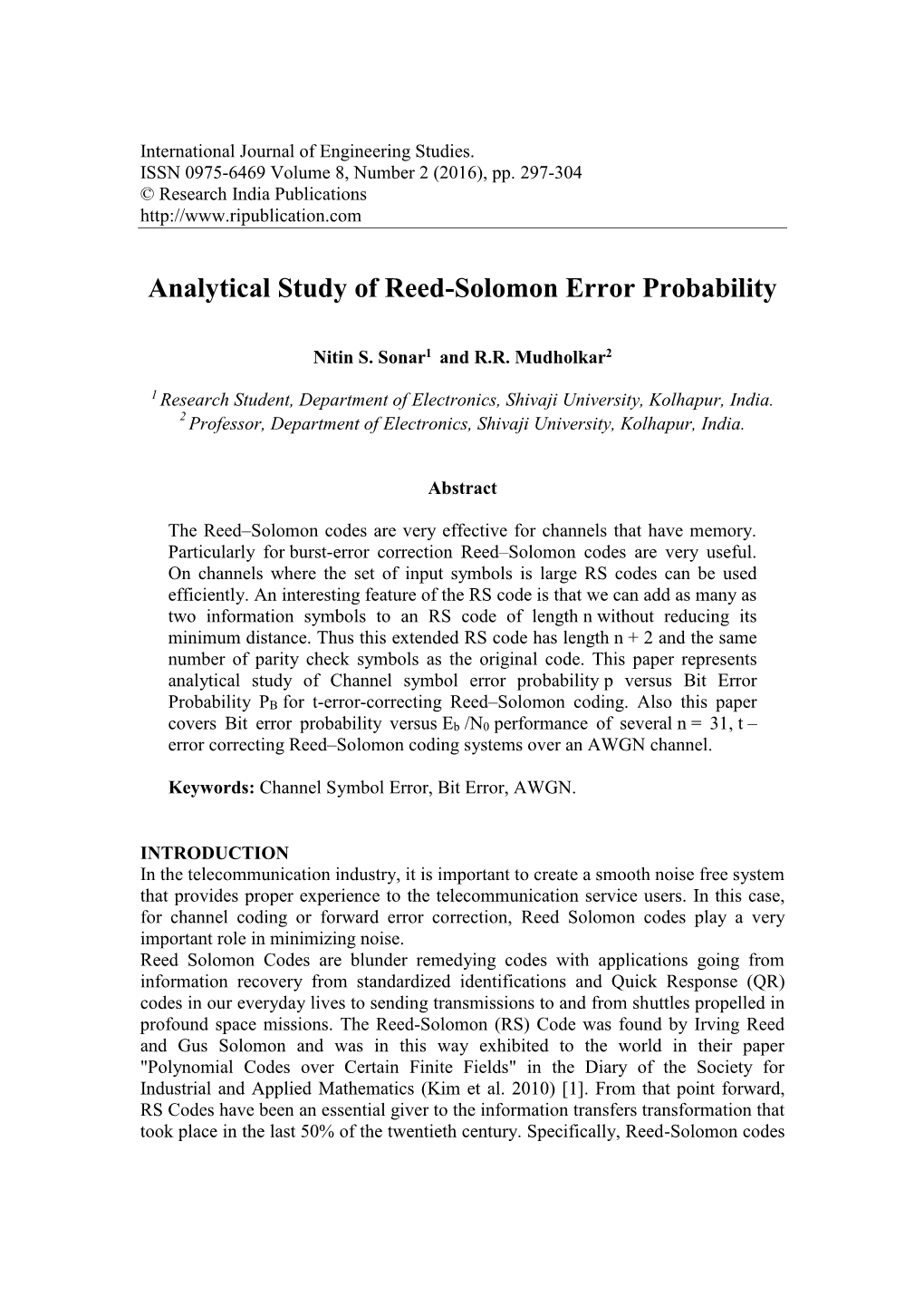 Analytical Study of Reed-Solomon Error Probability