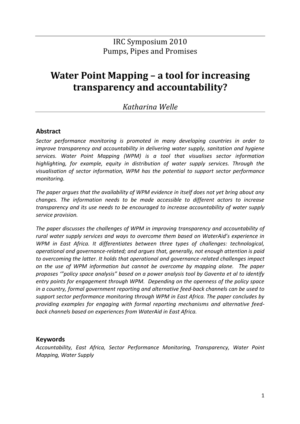 Water Point Mapping – a Tool for Increasing Transparency and Accountability?