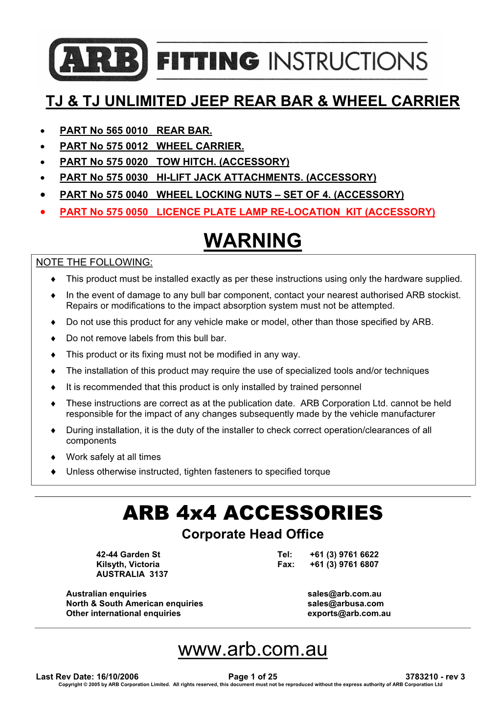 WARNING ARB 4X4 ACCESSORIES