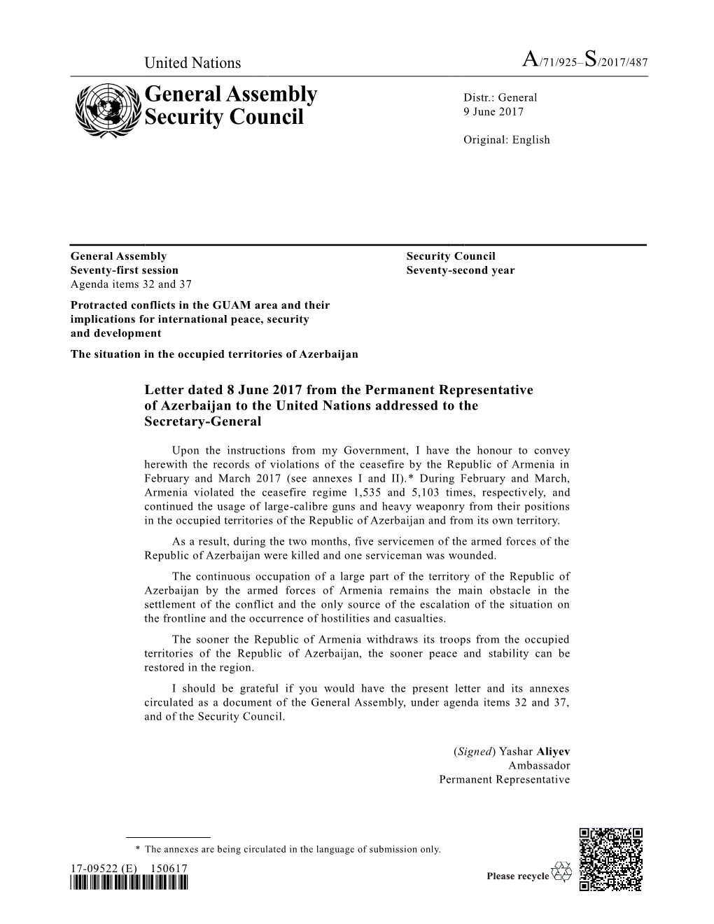 General Assembly Security Council Seventy-First Session Seventy-Second Year Agenda Items 32 and 37