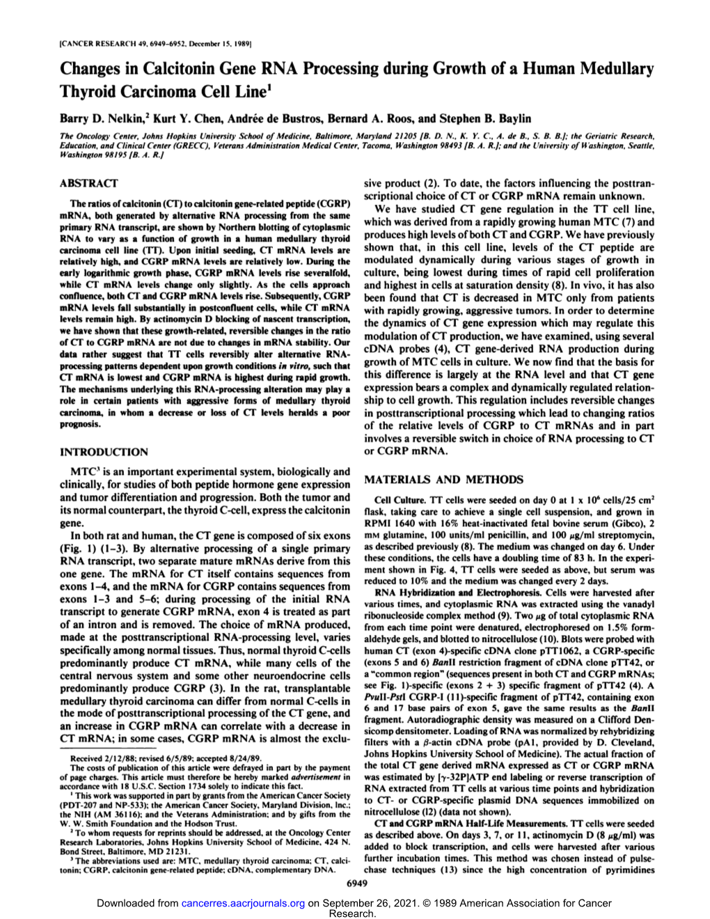 Changes in Calcitonin Gene RNA Processing During Growth of a Human Medullary Thyroid Carcinoma Cell Line1