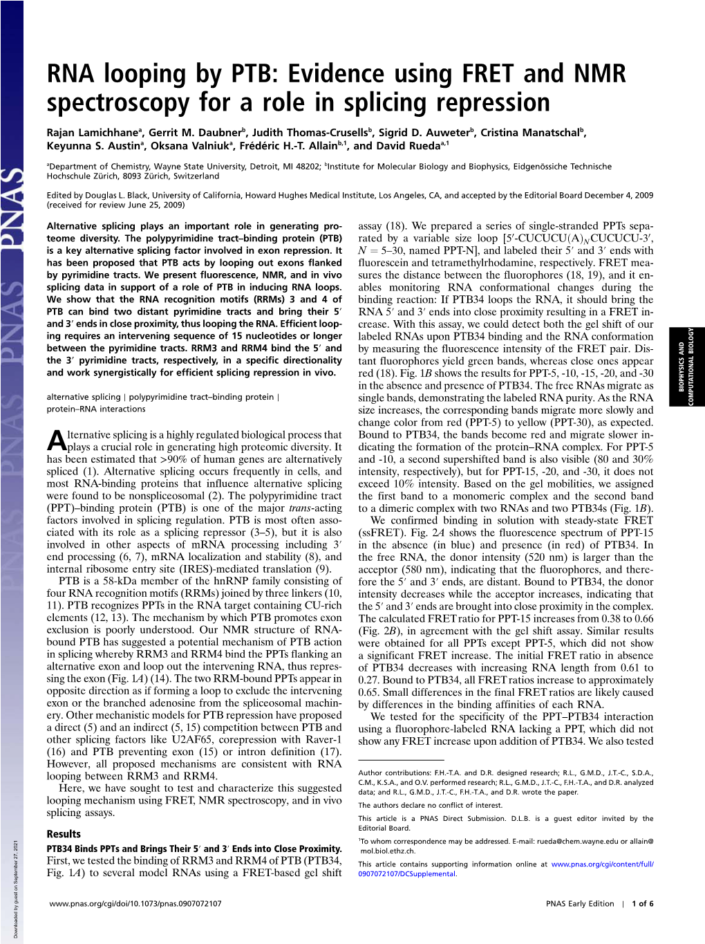 RNA Looping by PTB: Evidence Using FRET and NMR Spectroscopy for a Role in Splicing Repression