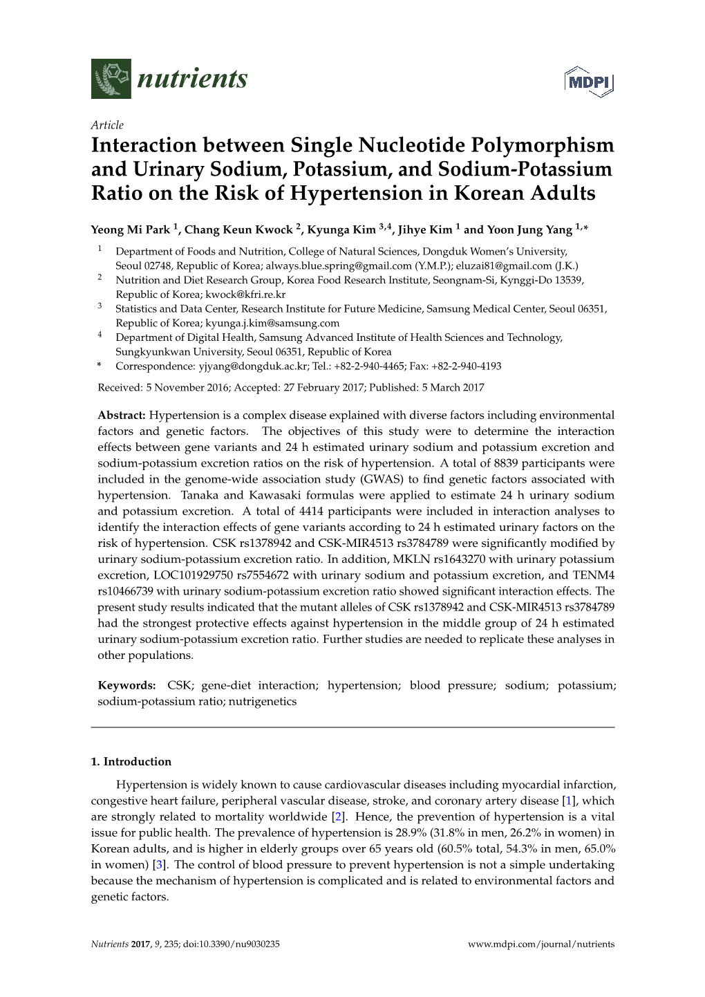 Interaction Between Single Nucleotide Polymorphism and Urinary Sodium, Potassium, and Sodium-Potassium Ratio on the Risk of Hypertension in Korean Adults