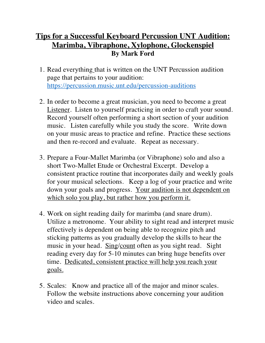 Tips for a Successful Keyboard Percussion UNT Audition: Marimba, Vibraphone, Xylophone, Glockenspiel by Mark Ford