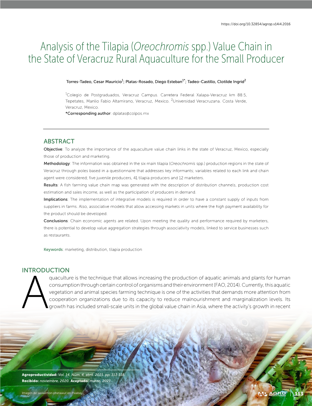 Analysis of the Tilapia (Oreochromis Spp.) Value Chain in the State of Veracruz Rural Aquaculture for the Small Producer