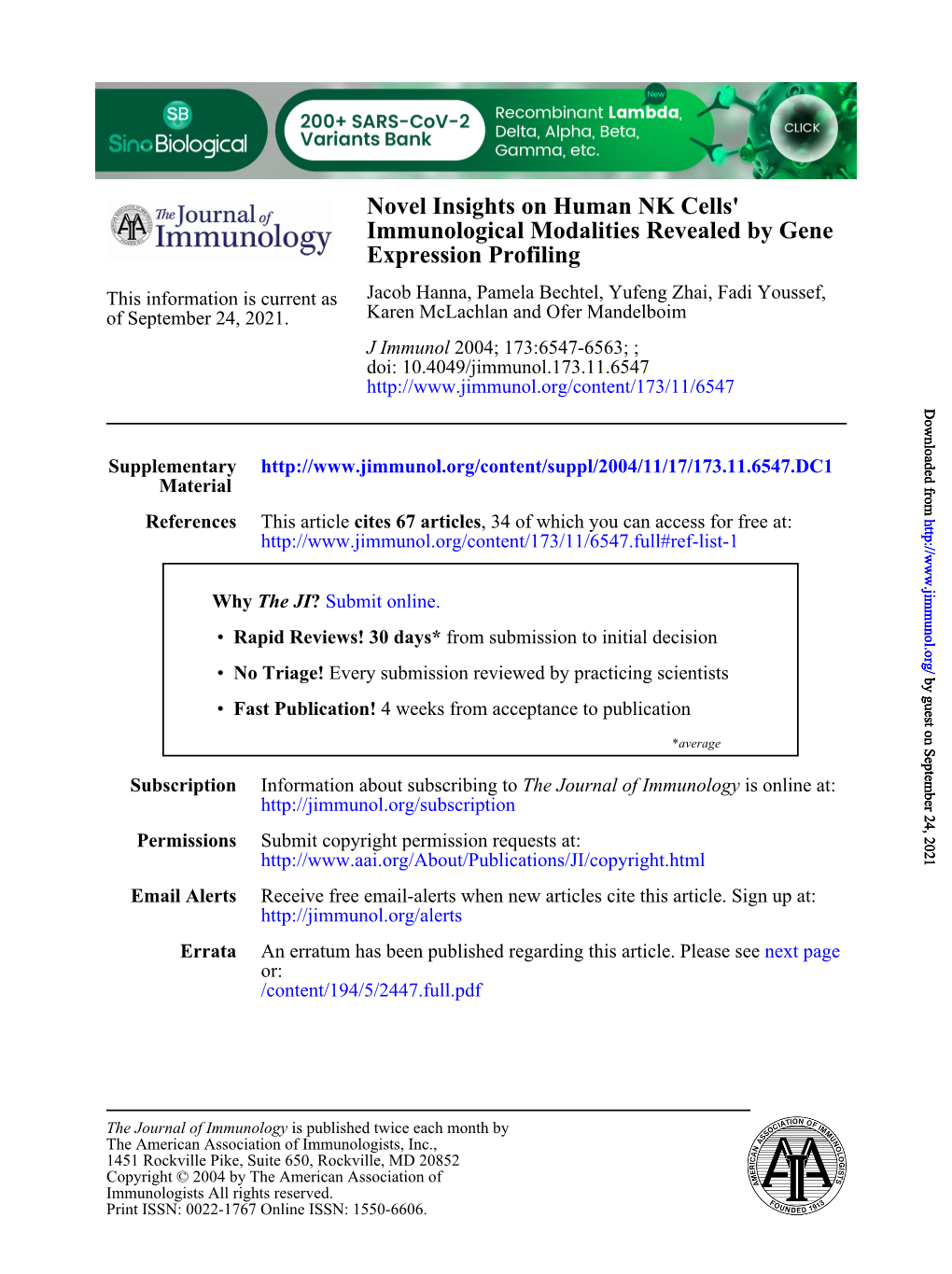 Novel Insights on Human NK Cells' Immunological Modalities Revealed by Gene Expression Profiling