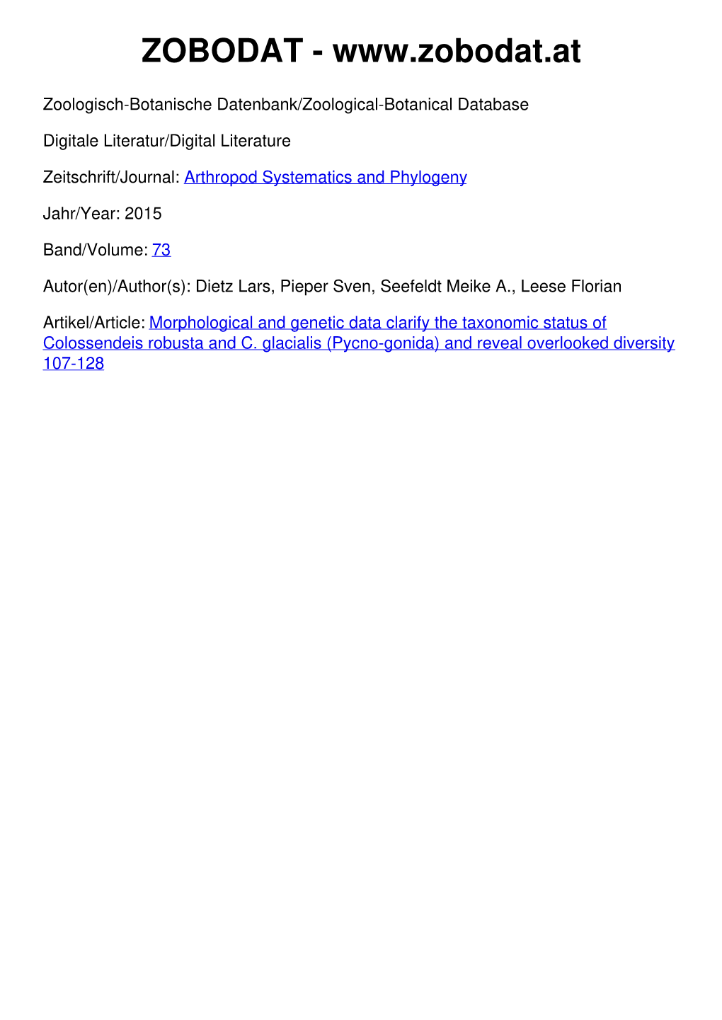 Pycnogonida, Phylogeography, Integrative Taxo­­­ Nomy