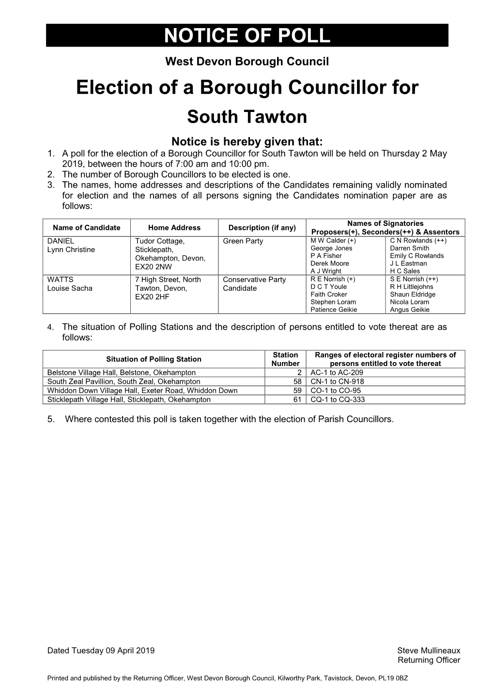 NOTICE of POLL Election of a Borough Councillor