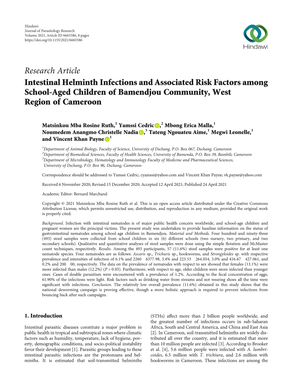 Intestinal Helminth Infections and Associated Risk Factors Among School-Aged Children of Bamendjou Community, West Region of Cameroon