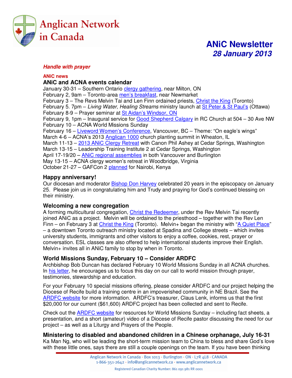 Anic Newsletter 28 January 2013