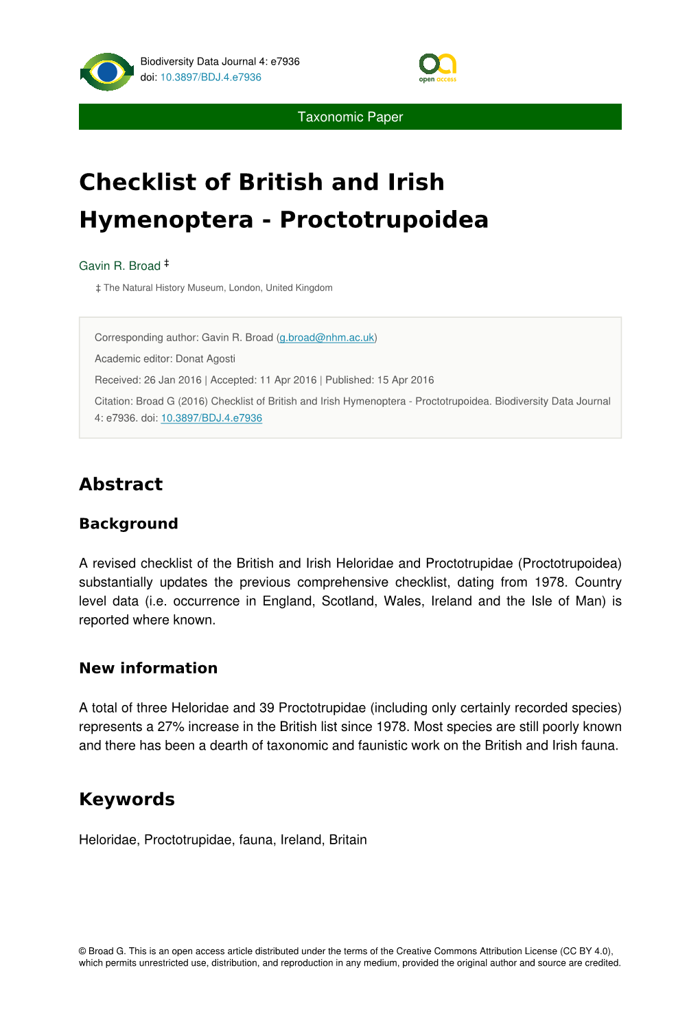 Checklist of British and Irish Hymenoptera - Proctotrupoidea