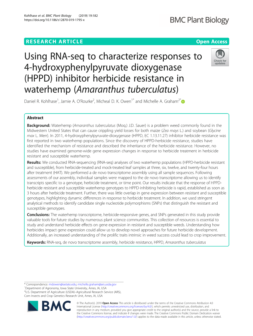 Using RNA-Seq to Characterize Responses to 4-Hydroxyphenylpyruvate Dioxygenase (HPPD) Inhibitor Herbicide Resistance in Waterhemp (Amaranthus Tuberculatus) Daniel R