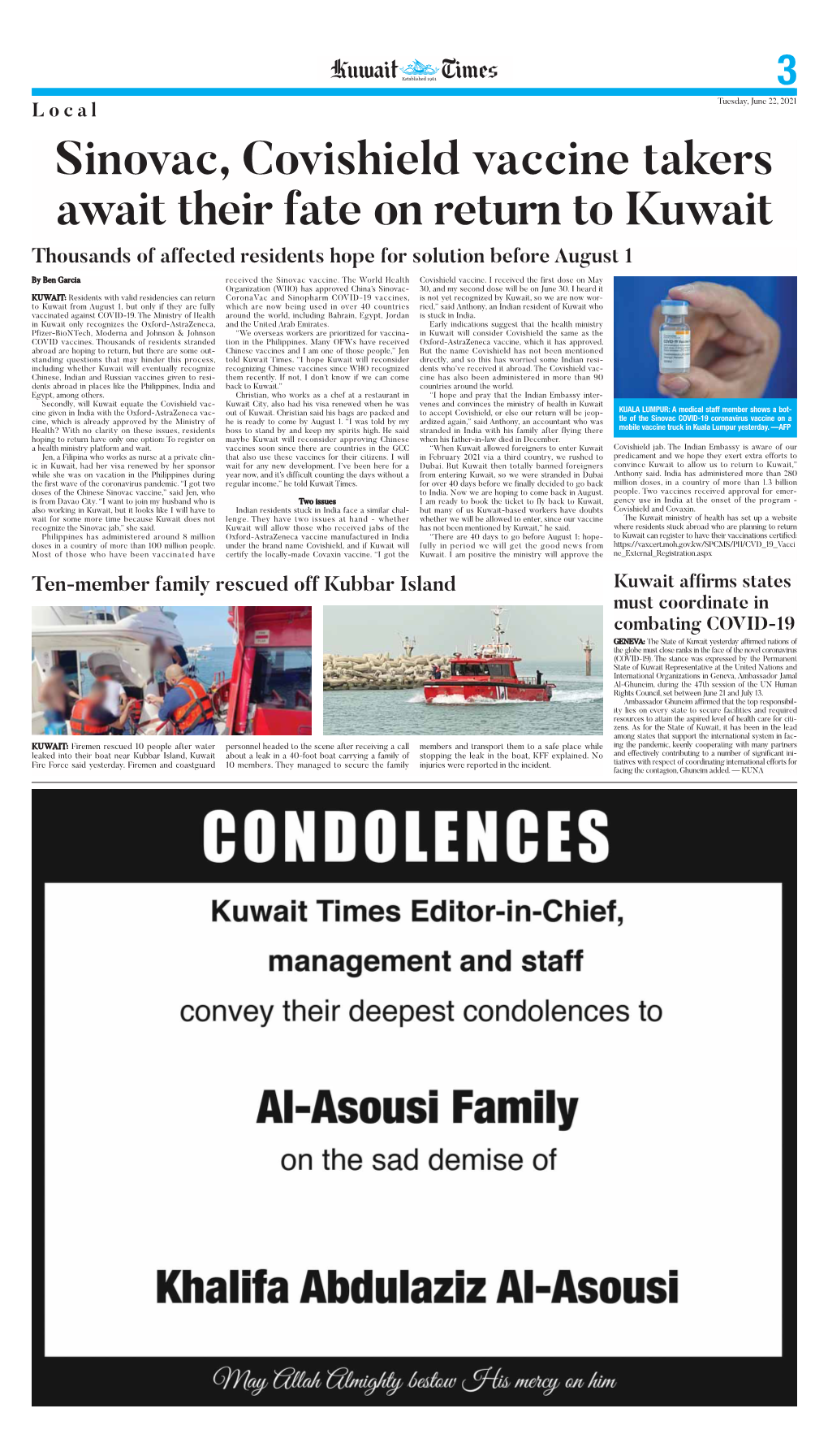 Sinovac, Covishield Vaccine Takers Await Their Fate on Return to Kuwait Thousands of Affected Residents Hope for Solution Before August 1