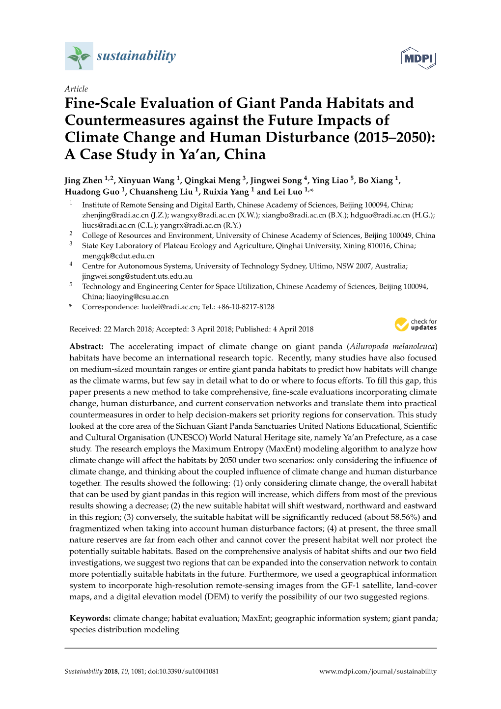 Fine-Scale Evaluation of Giant Panda Habitats and Countermeasures