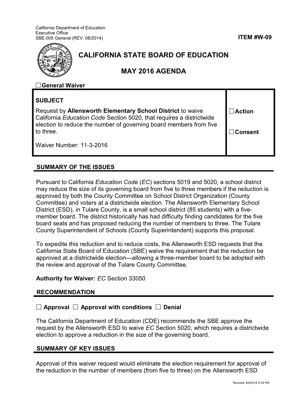 May 2016 Waiver Item W-09 - Meeting Agendas (CA State Board of Education)