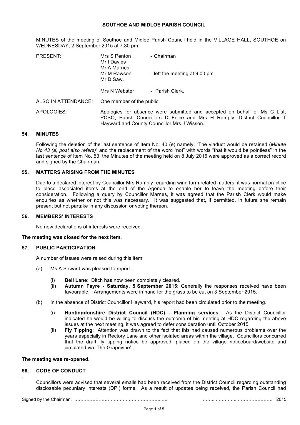 SOUTHOE and MIDLOE PARISH COUNCIL MINUTES of the Meeting