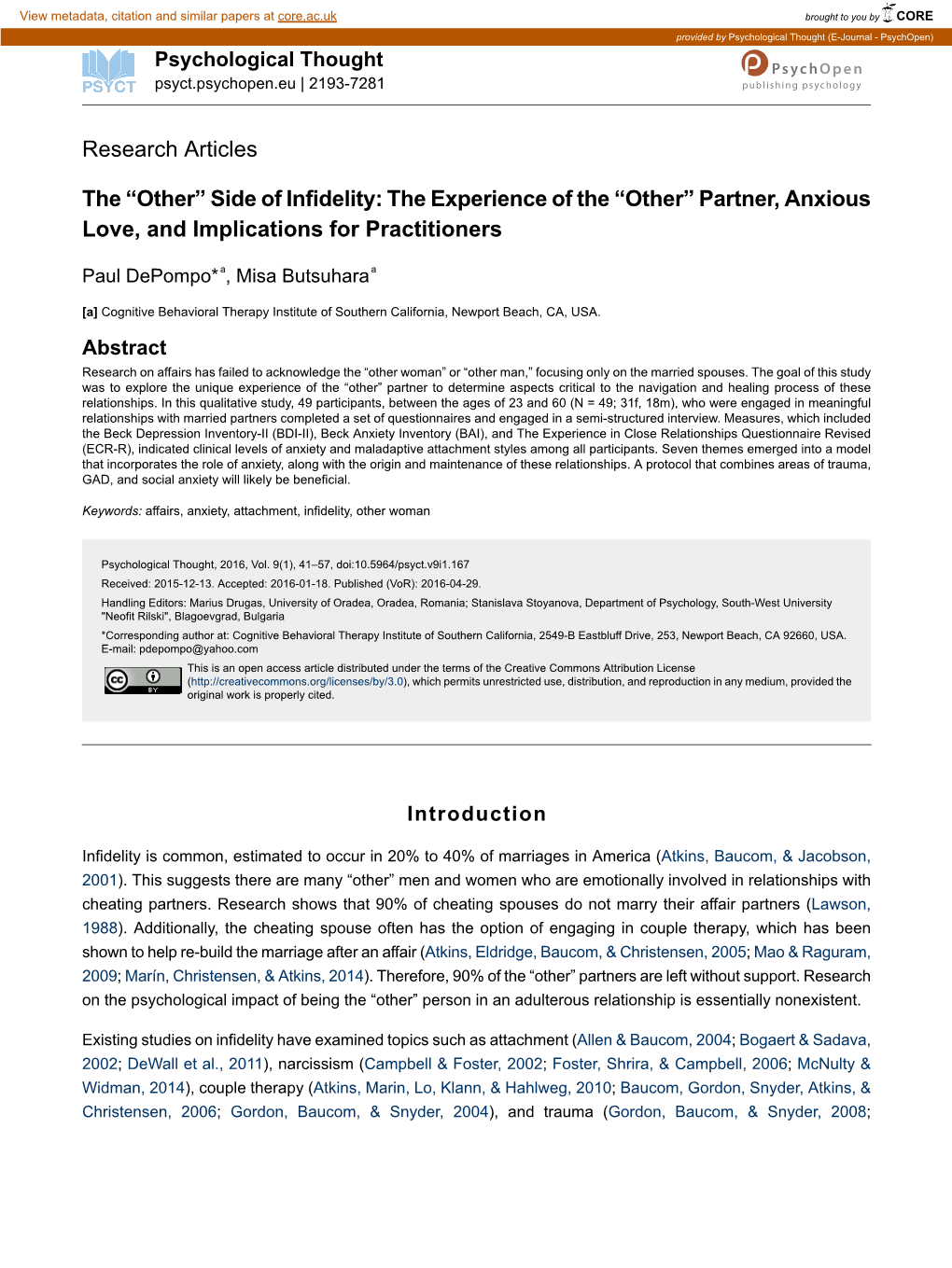 Side of Infidelity: the Experience of the “Other” Partner, Anxious Love, and Implications for Practitioners