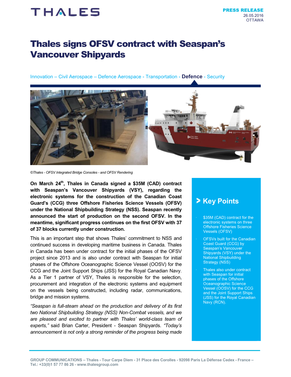 Thales Signs OFSV Contract with Seaspan's Vancouver Shipyards